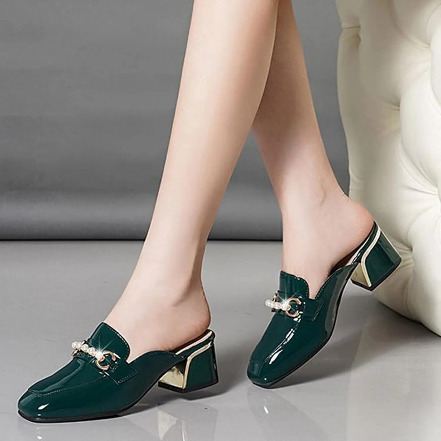 Women Fashion Backless Mules Patent PU Leather Closed Square Toe Chunky Mid Heel Slip on Loafer Shoes