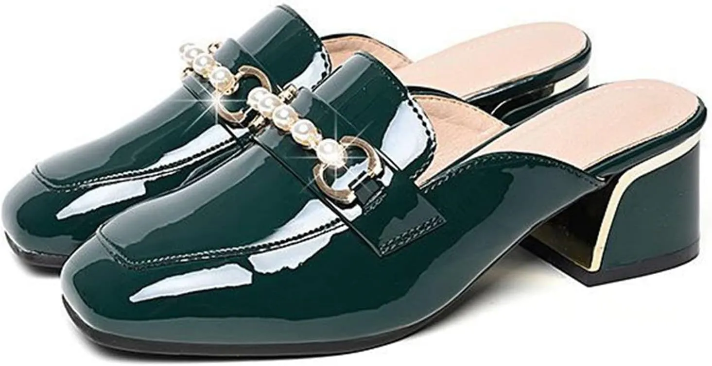 Women Fashion Backless Mules Patent PU Leather Closed Square Toe Chunky Mid Heel Slip on Loafer Shoes
