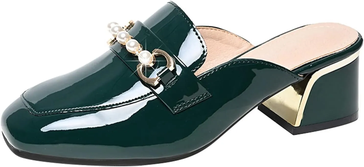 Women Fashion Backless Mules Patent PU Leather Closed Square Toe Chunky Mid Heel Slip on Loafer Shoes