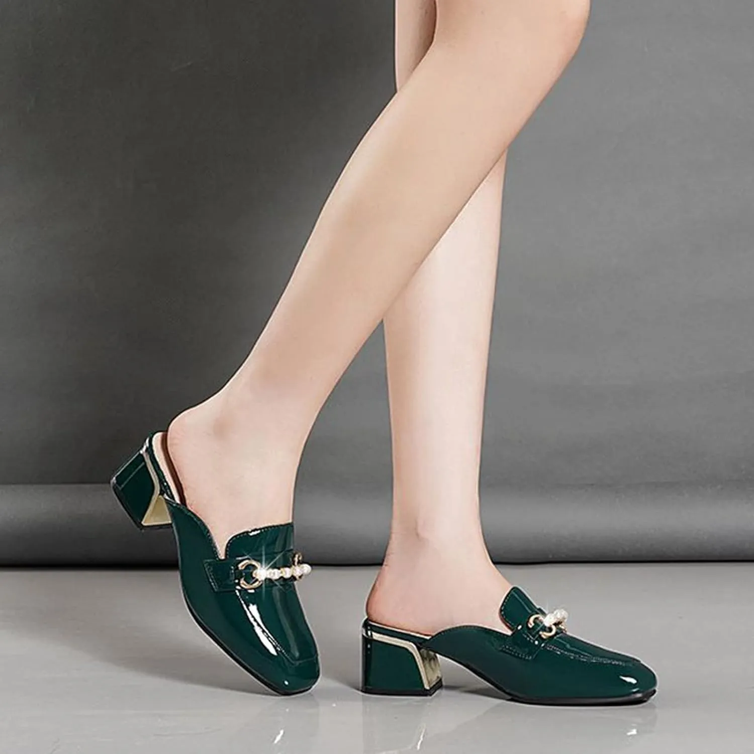 Women Fashion Backless Mules Patent PU Leather Closed Square Toe Chunky Mid Heel Slip on Loafer Shoes