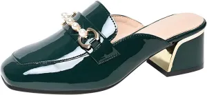 Women Fashion Backless Mules Patent PU Leather Closed Square Toe Chunky Mid Heel Slip on Loafer Shoes