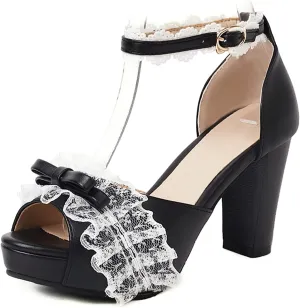 Women Fashion Little Bownot Lace D'Orsay Lolita Princess Single Shoes High Heels Ankle Strap Peep Toe Maid Mary Jane Pumps