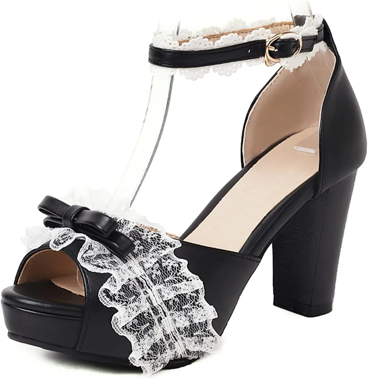 Women Fashion Little Bownot Lace D'Orsay Lolita Princess Single Shoes High Heels Ankle Strap Peep Toe Maid Mary Jane Pumps