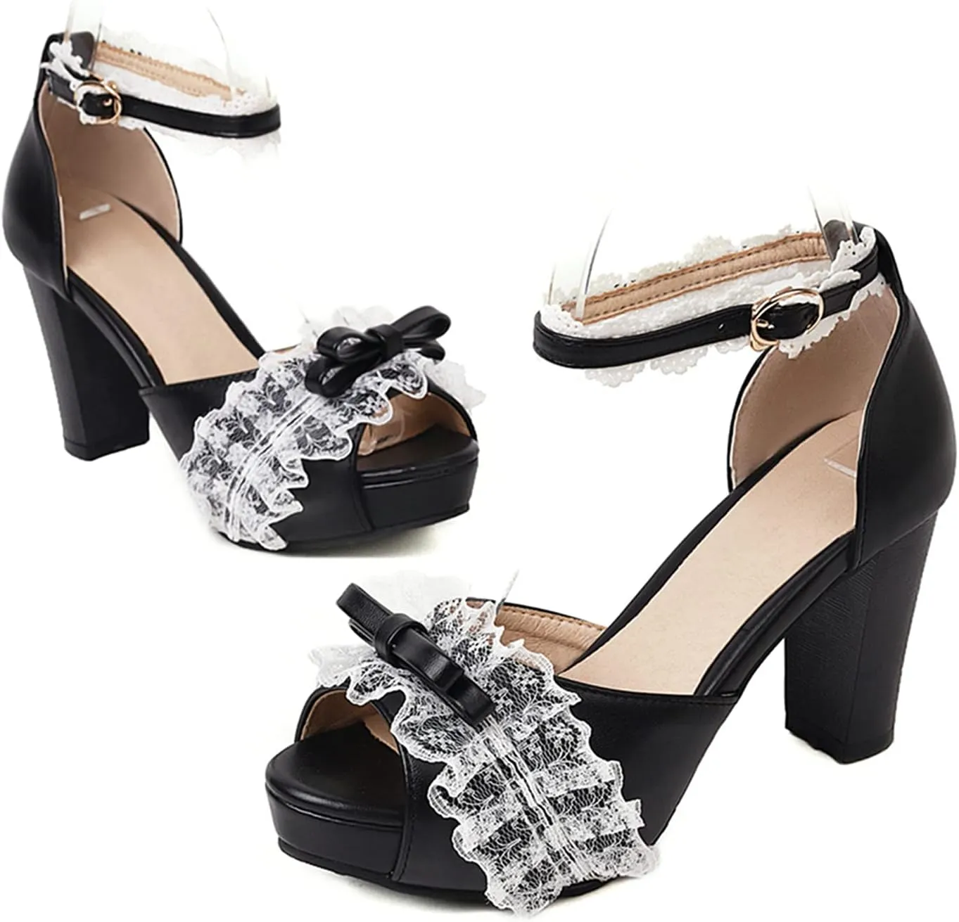 Women Fashion Little Bownot Lace D'Orsay Lolita Princess Single Shoes High Heels Ankle Strap Peep Toe Maid Mary Jane Pumps