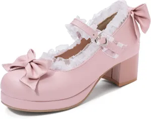 Women Fashion Sweet Bownot Lolita Shoes Block Heels Ankle Strap Platform Lace Maid Mary Jane Shoes