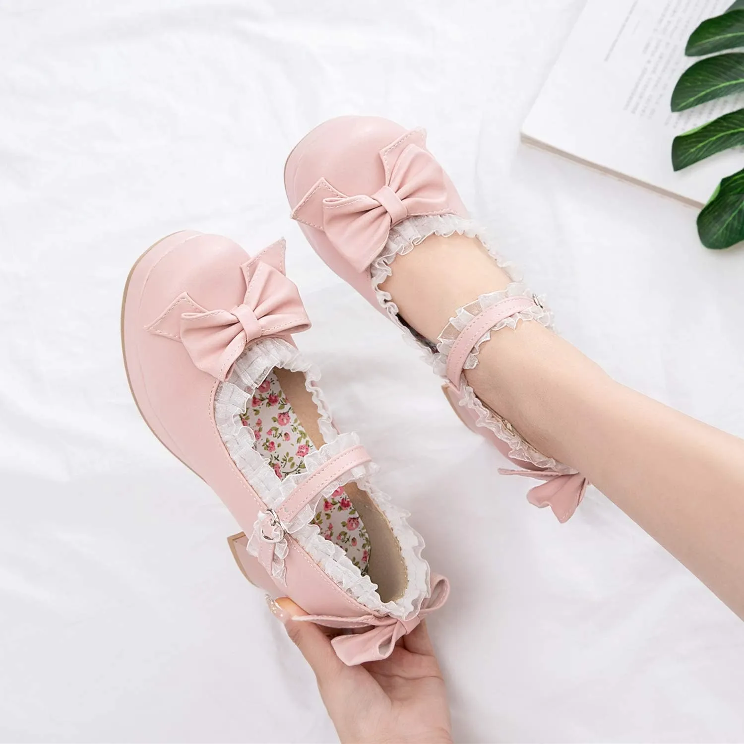 Women Fashion Sweet Bownot Lolita Shoes Block Heels Ankle Strap Platform Lace Maid Mary Jane Shoes