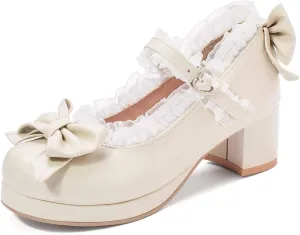 Women Fashion Sweet Bownot Lolita Shoes Block Heels Ankle Strap Platform Lace Maid Mary Jane Shoes