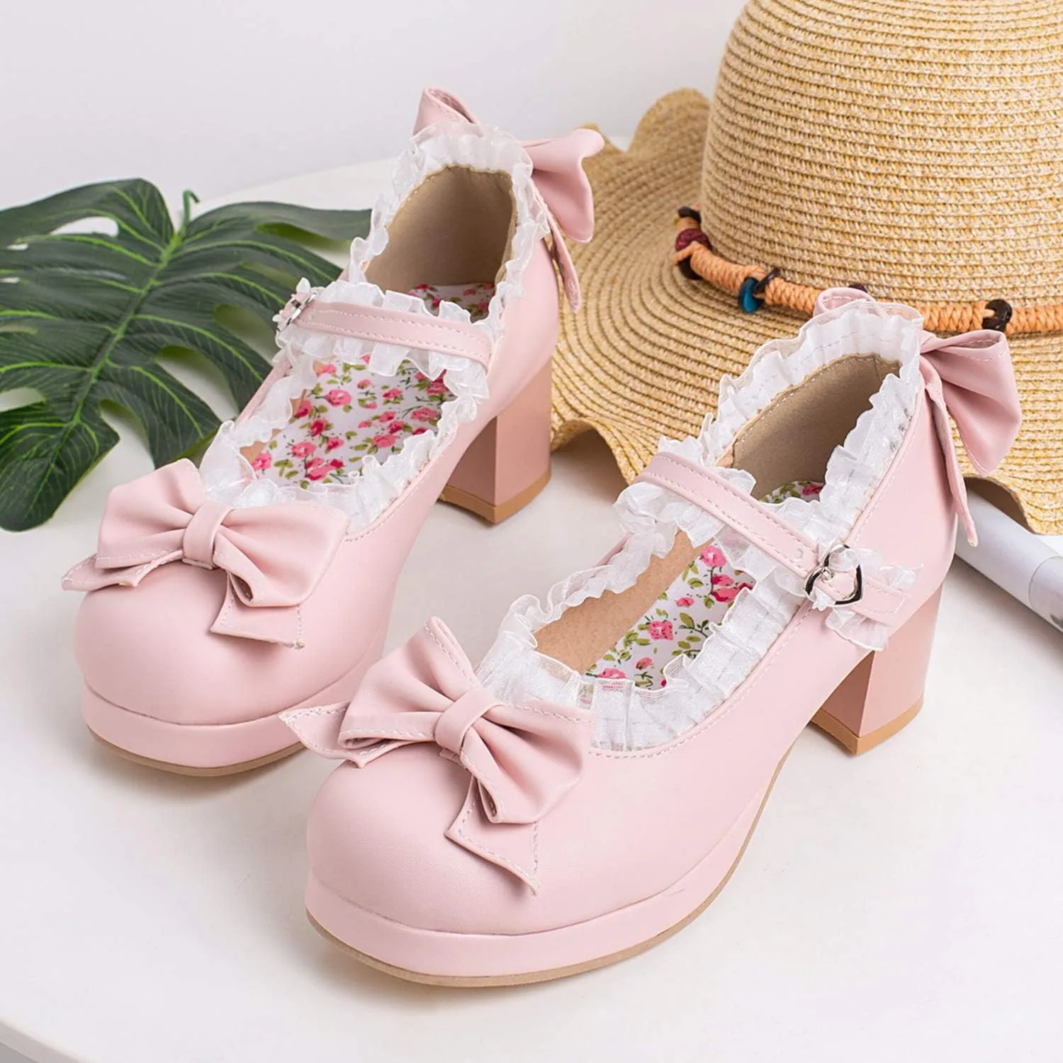 Women Fashion Sweet Bownot Lolita Shoes Block Heels Ankle Strap Platform Lace Maid Mary Jane Shoes