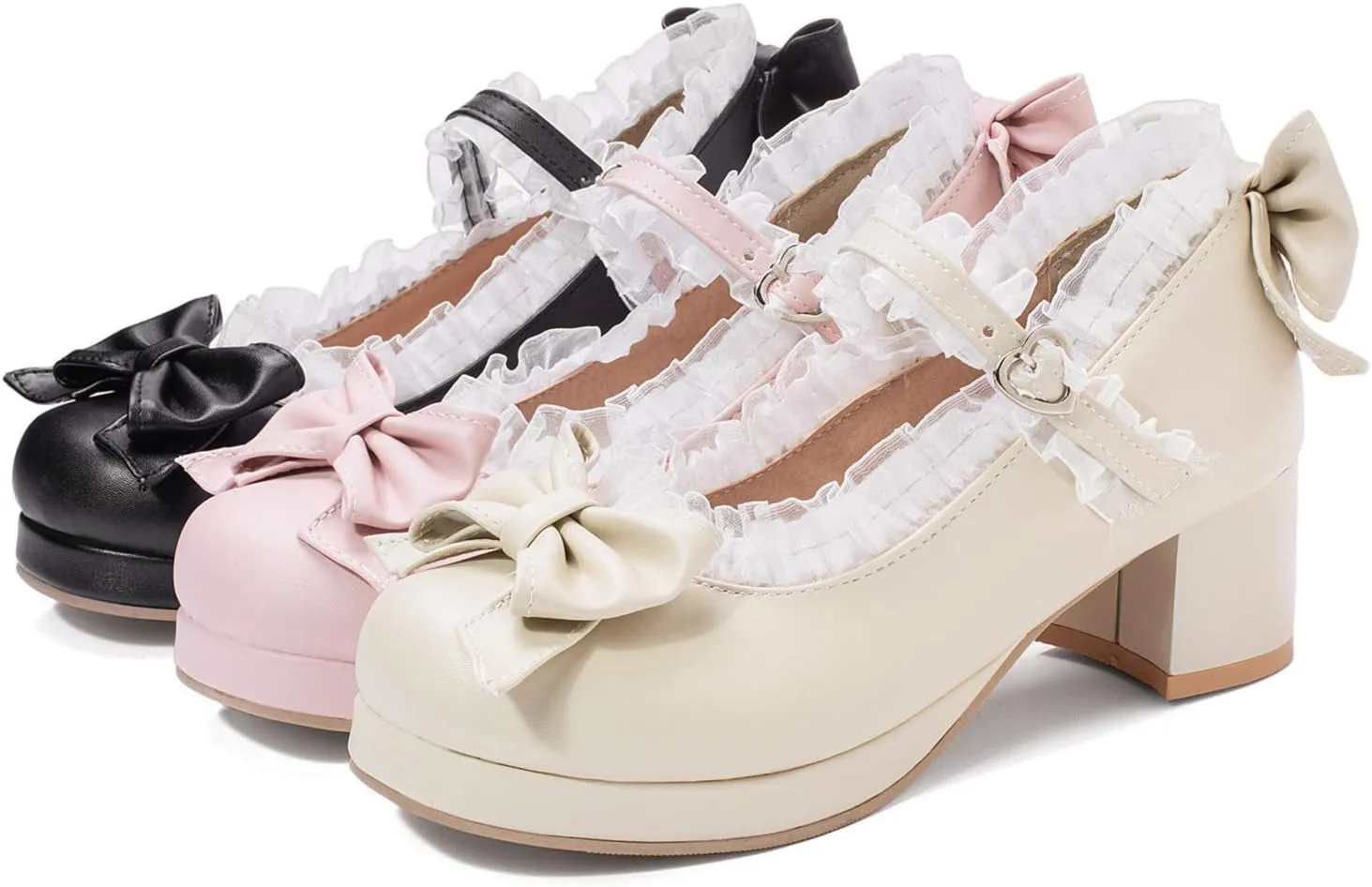 Women Fashion Sweet Bownot Lolita Shoes Block Heels Ankle Strap Platform Lace Maid Mary Jane Shoes