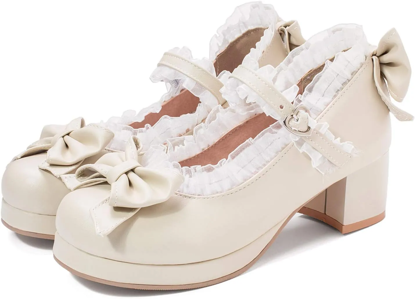 Women Fashion Sweet Bownot Lolita Shoes Block Heels Ankle Strap Platform Lace Maid Mary Jane Shoes