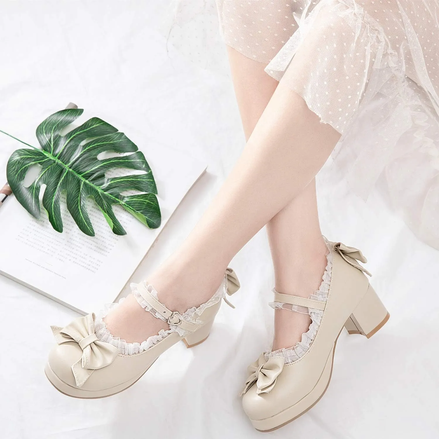 Women Fashion Sweet Bownot Lolita Shoes Block Heels Ankle Strap Platform Lace Maid Mary Jane Shoes