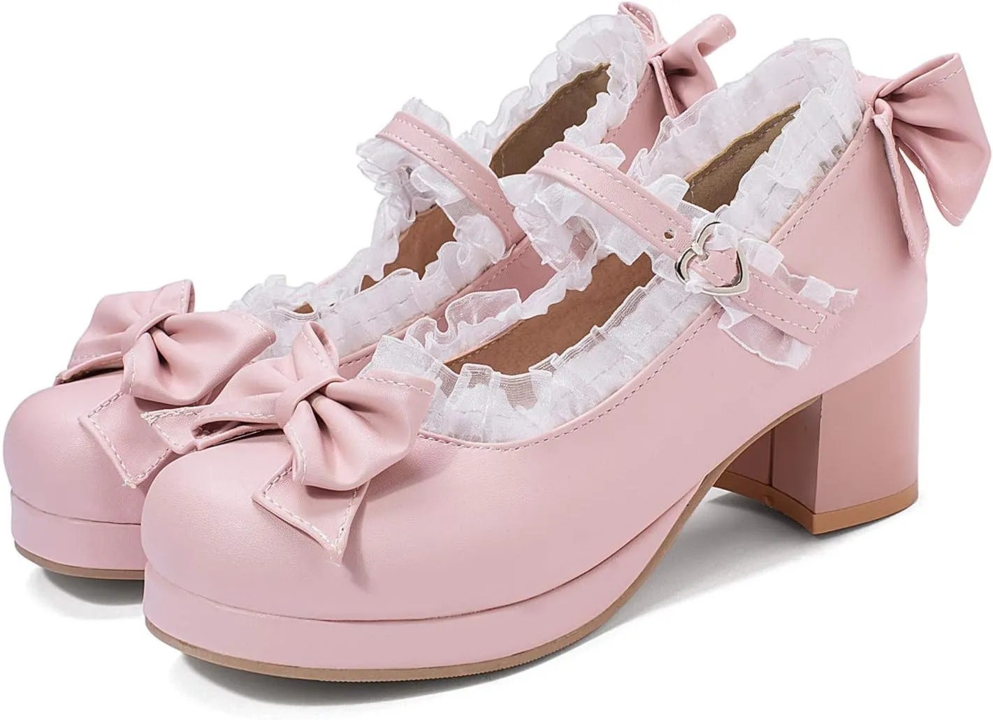 Women Fashion Sweet Bownot Lolita Shoes Block Heels Ankle Strap Platform Lace Maid Mary Jane Shoes