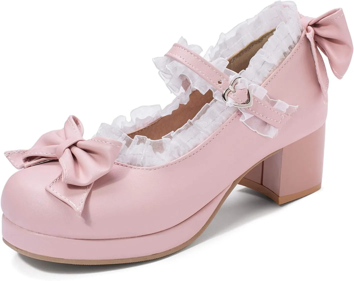 Women Fashion Sweet Bownot Lolita Shoes Block Heels Ankle Strap Platform Lace Maid Mary Jane Shoes