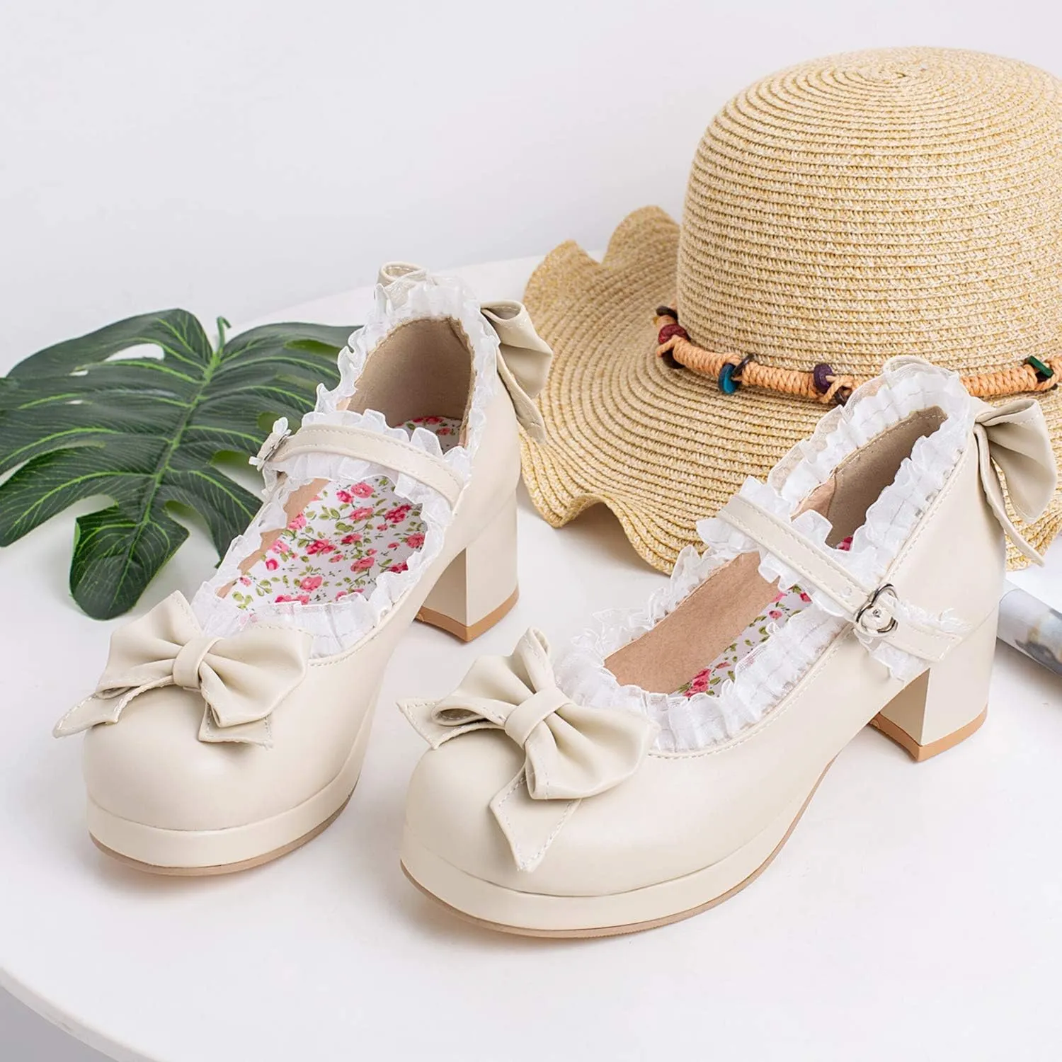 Women Fashion Sweet Bownot Lolita Shoes Block Heels Ankle Strap Platform Lace Maid Mary Jane Shoes