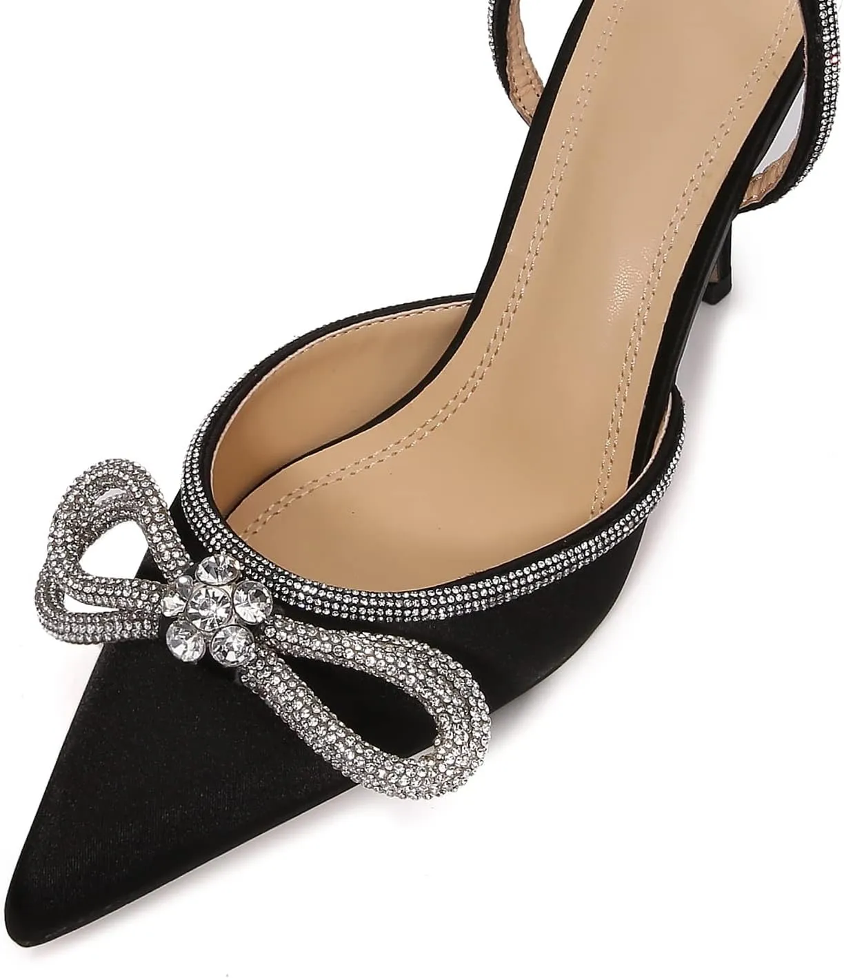 Women High Heeled Sandals Rhinestone Bow Heels Crystal Ankle Strap Stiletto Heeled Pumps Pointed Toe Satin for Bridal Wedding Dress Party Shoes