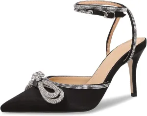 Women High Heeled Sandals Rhinestone Bow Heels Crystal Ankle Strap Stiletto Heeled Pumps Pointed Toe Satin for Bridal Wedding Dress Party Shoes