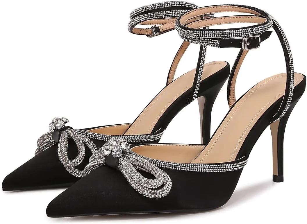 Women High Heeled Sandals Rhinestone Bow Heels Crystal Ankle Strap Stiletto Heeled Pumps Pointed Toe Satin for Bridal Wedding Dress Party Shoes