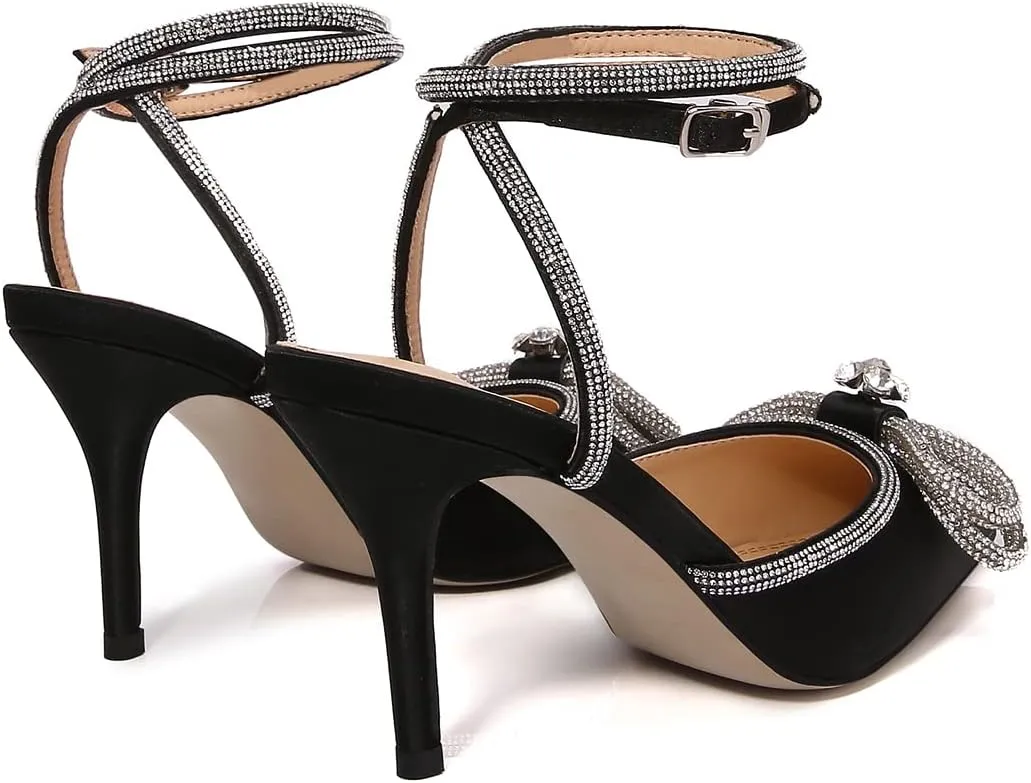Women High Heeled Sandals Rhinestone Bow Heels Crystal Ankle Strap Stiletto Heeled Pumps Pointed Toe Satin for Bridal Wedding Dress Party Shoes