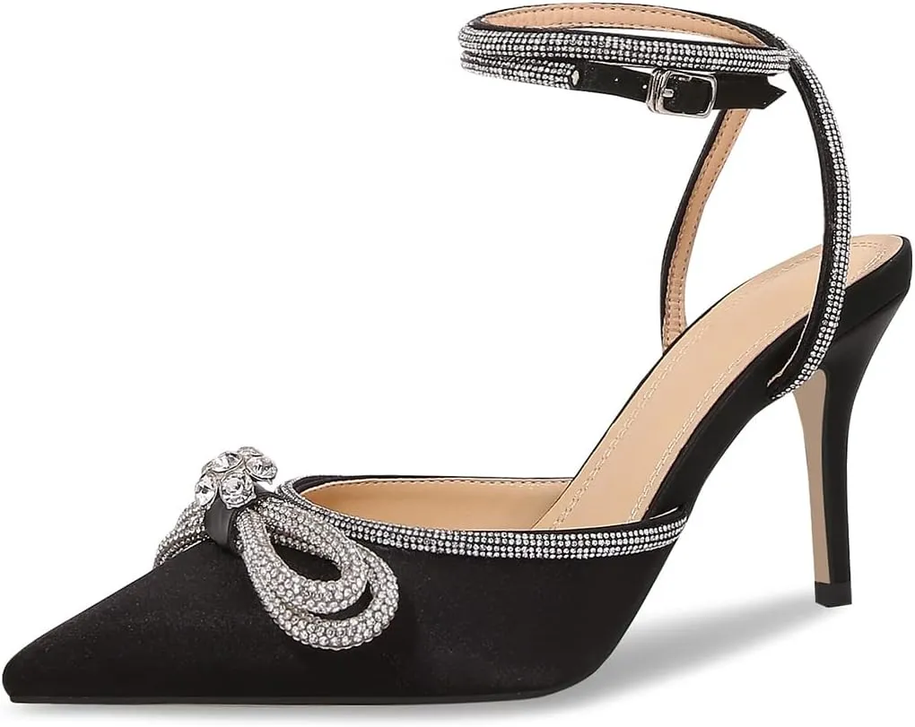 Women High Heeled Sandals Rhinestone Bow Heels Crystal Ankle Strap Stiletto Heeled Pumps Pointed Toe Satin for Bridal Wedding Dress Party Shoes