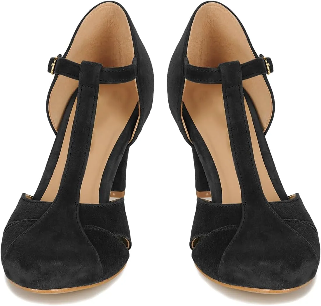 Women Kitten Heels Mary Jane Pumps Shoes Ankle T-Strap Closed Round Toe Sandals Heeled Cut Out Suede Mary Janes Dress Shoe Mid Thin Heel Patchwork Office Ladies Wedding Party Dance 4-11 M US