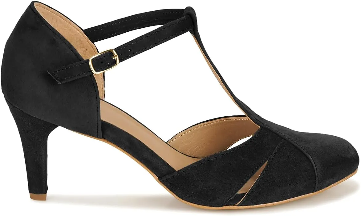 Women Kitten Heels Mary Jane Pumps Shoes Ankle T-Strap Closed Round Toe Sandals Heeled Cut Out Suede Mary Janes Dress Shoe Mid Thin Heel Patchwork Office Ladies Wedding Party Dance 4-11 M US