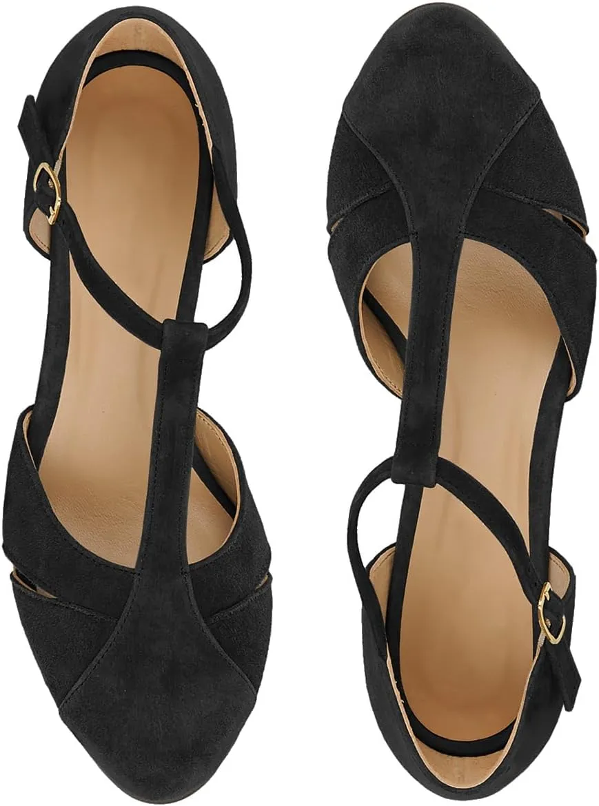 Women Kitten Heels Mary Jane Pumps Shoes Ankle T-Strap Closed Round Toe Sandals Heeled Cut Out Suede Mary Janes Dress Shoe Mid Thin Heel Patchwork Office Ladies Wedding Party Dance 4-11 M US