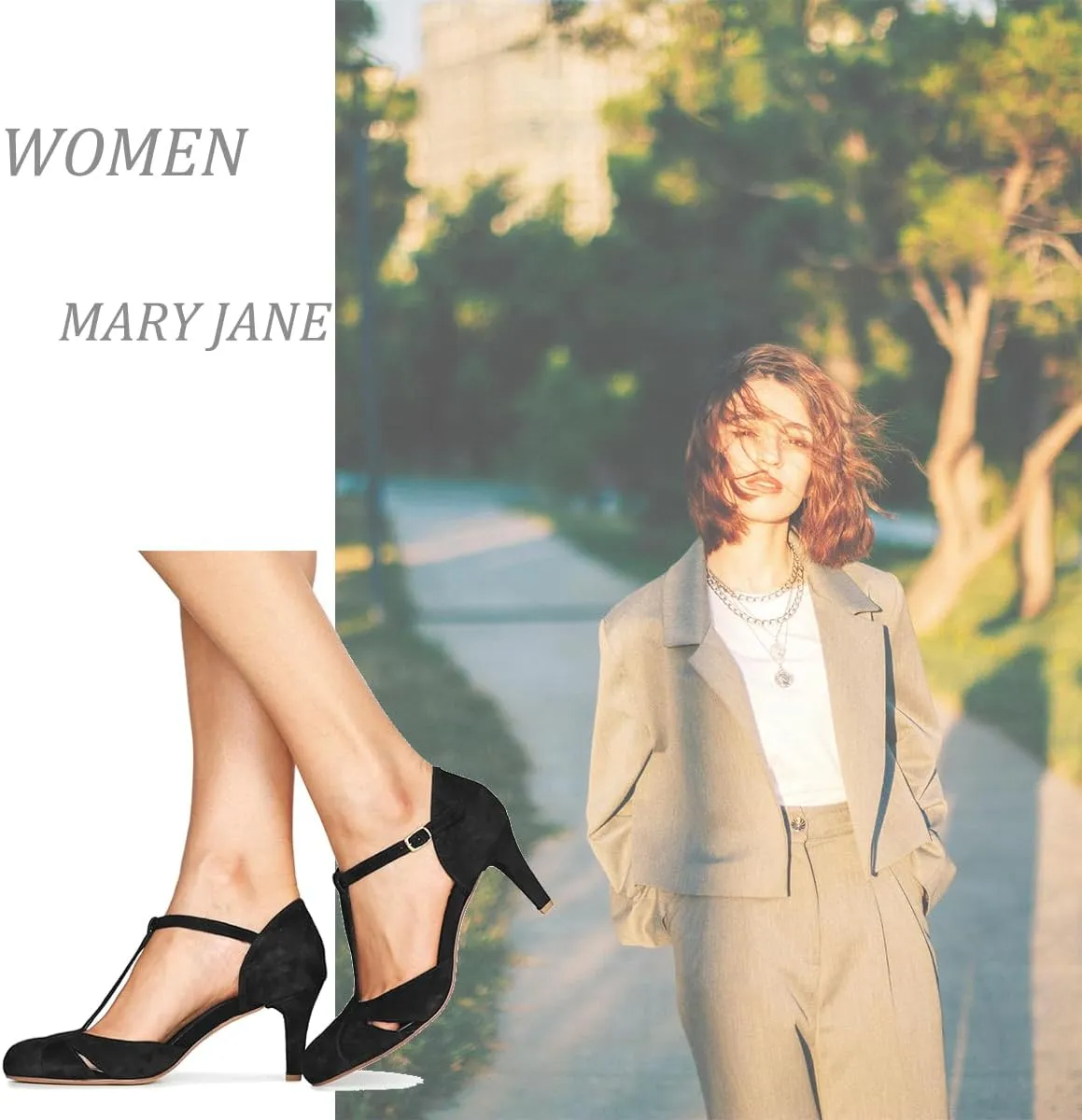 Women Kitten Heels Mary Jane Pumps Shoes Ankle T-Strap Closed Round Toe Sandals Heeled Cut Out Suede Mary Janes Dress Shoe Mid Thin Heel Patchwork Office Ladies Wedding Party Dance 4-11 M US