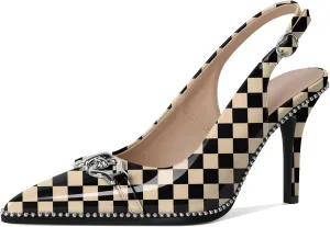 Women Slingback Pumps Pointed Toe Stiletto High Heels Beaded Heels 3.4 Inches Dress Pumps Shoes