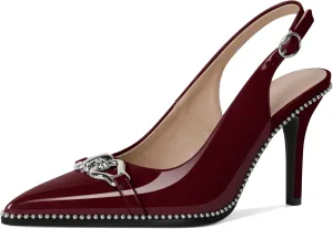 Women Slingback Pumps Pointed Toe Stiletto High Heels Beaded Heels 3.4 Inches Dress Pumps Shoes