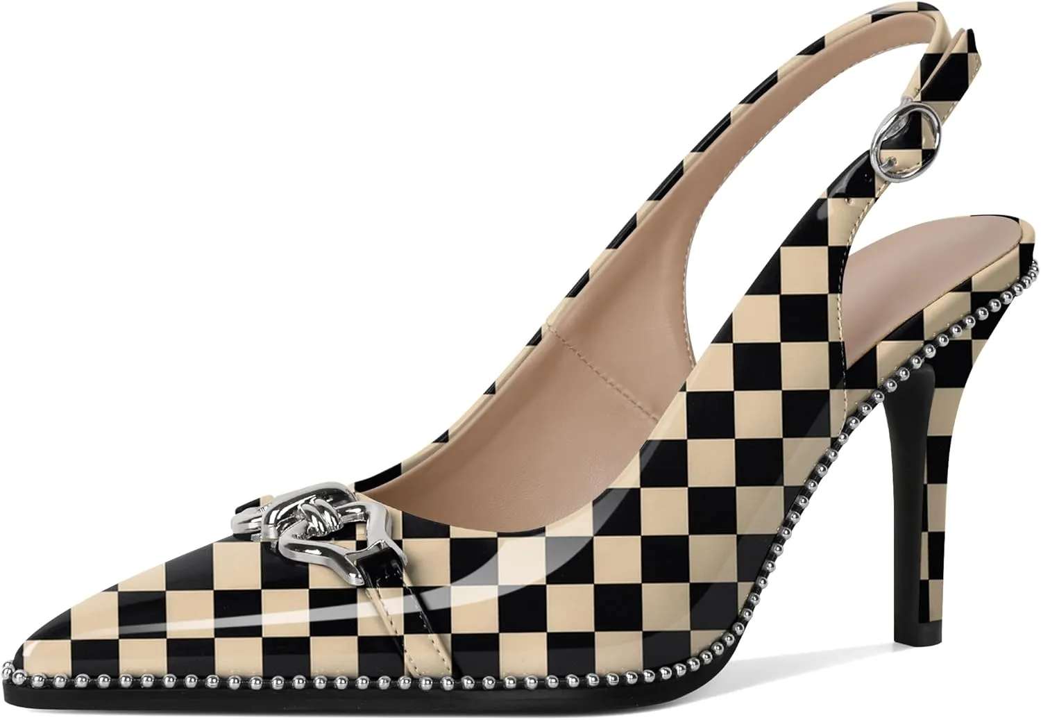 Women Slingback Pumps Pointed Toe Stiletto High Heels Beaded Heels 3.4 Inches Dress Pumps Shoes