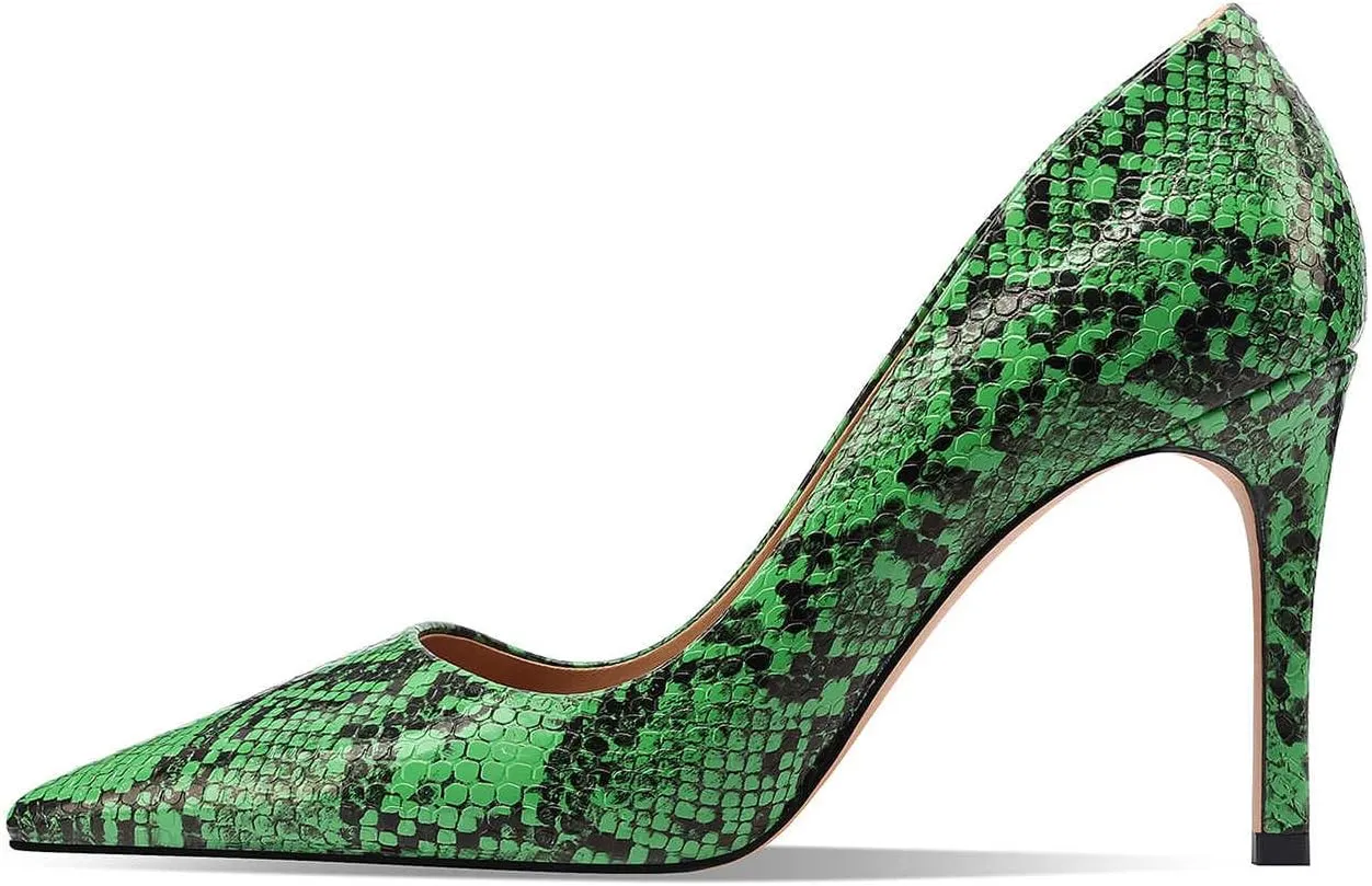 Women Snakeskin Heels, Animal Pirnt Slip On Pointed Toe Pumps, Closed Toe High Stiletto Heel Dress Shoes for Wedding Party Office