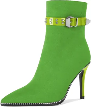 Women Stiletto High Heel Beaded Ankle Boots Pointed Toe Side Zipper Buckle Matte Leather Dress Booties 3.5 Inch