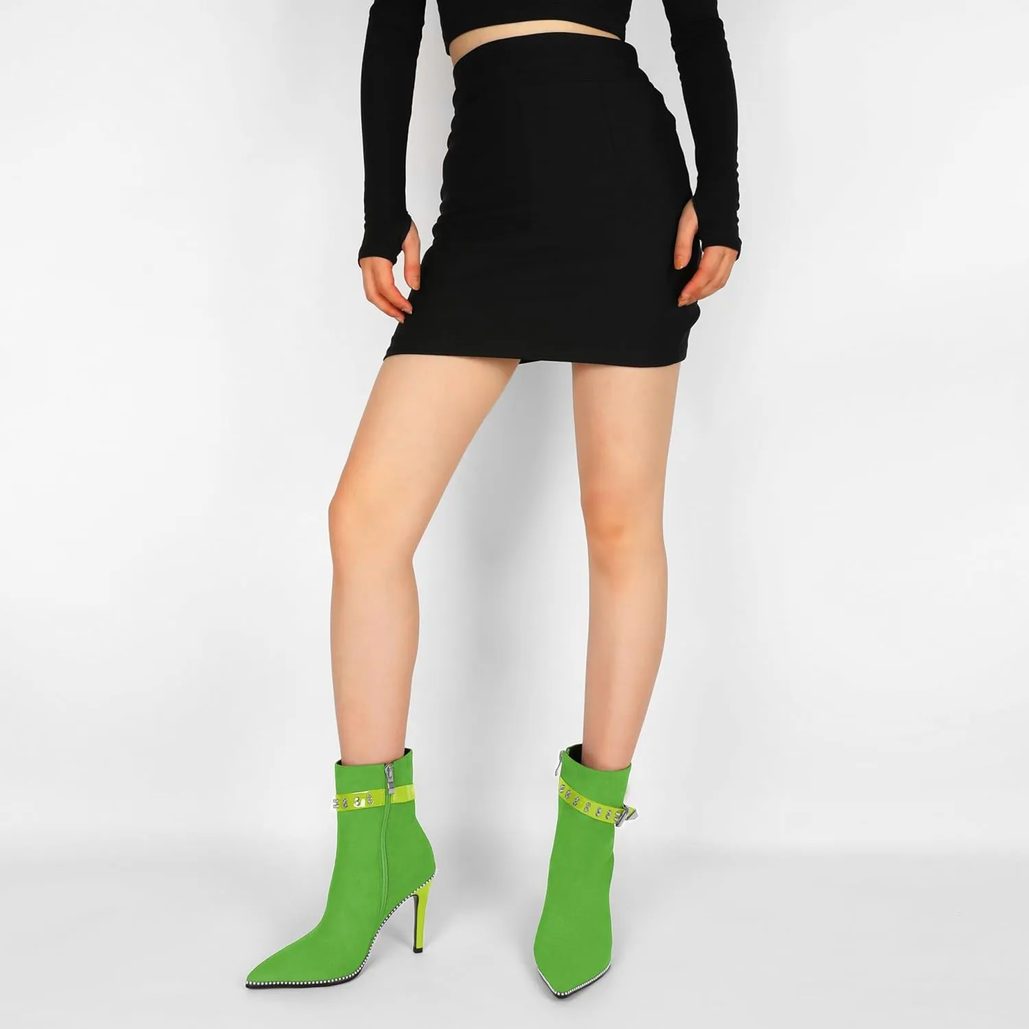 Women Stiletto High Heel Beaded Ankle Boots Pointed Toe Side Zipper Buckle Matte Leather Dress Booties 3.5 Inch
