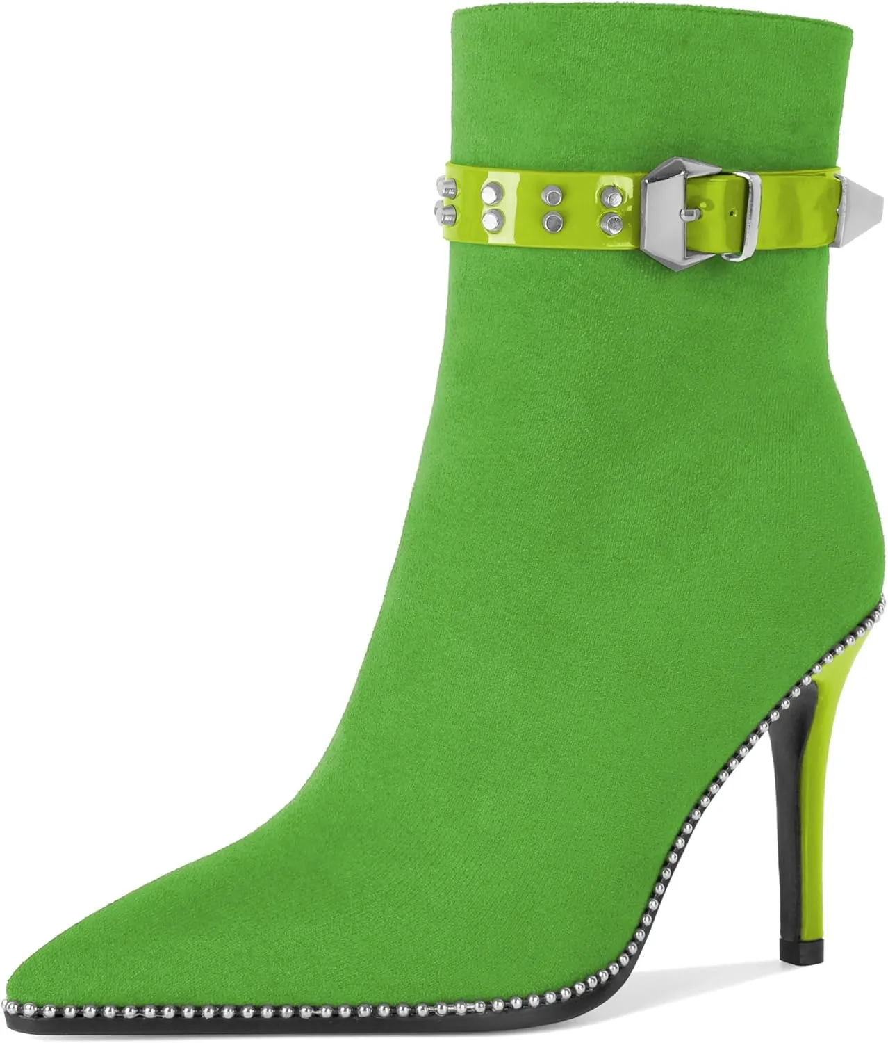 Women Stiletto High Heel Beaded Ankle Boots Pointed Toe Side Zipper Buckle Matte Leather Dress Booties 3.5 Inch