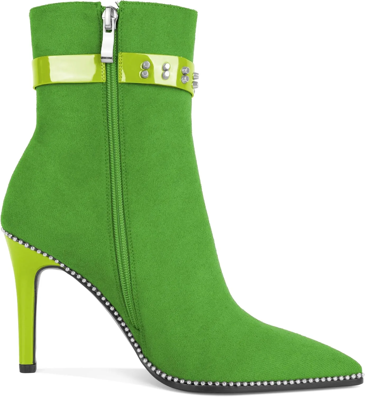 Women Stiletto High Heel Beaded Ankle Boots Pointed Toe Side Zipper Buckle Matte Leather Dress Booties 3.5 Inch