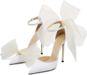 Women Stiletto High Heels Pumps with Asymmetric Grosgrain Mesh Bows Lace Ankle Strap Buckle Closed Pointed Toe Sexy Wedding Shoes Party Dressy Sandals 3.14 in