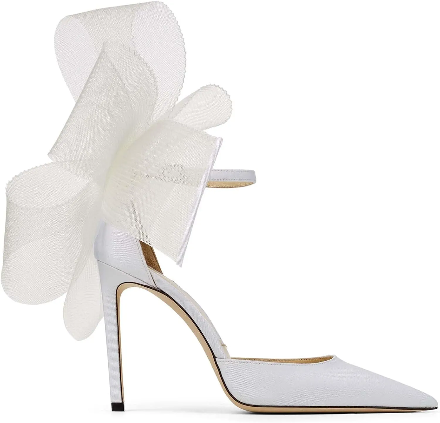 Women Stiletto High Heels Pumps with Asymmetric Grosgrain Mesh Bows Lace Ankle Strap Buckle Closed Pointed Toe Sexy Wedding Shoes Party Dressy Sandals 3.14 in