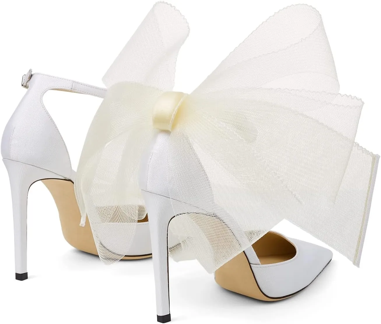 Women Stiletto High Heels Pumps with Asymmetric Grosgrain Mesh Bows Lace Ankle Strap Buckle Closed Pointed Toe Sexy Wedding Shoes Party Dressy Sandals 3.14 in