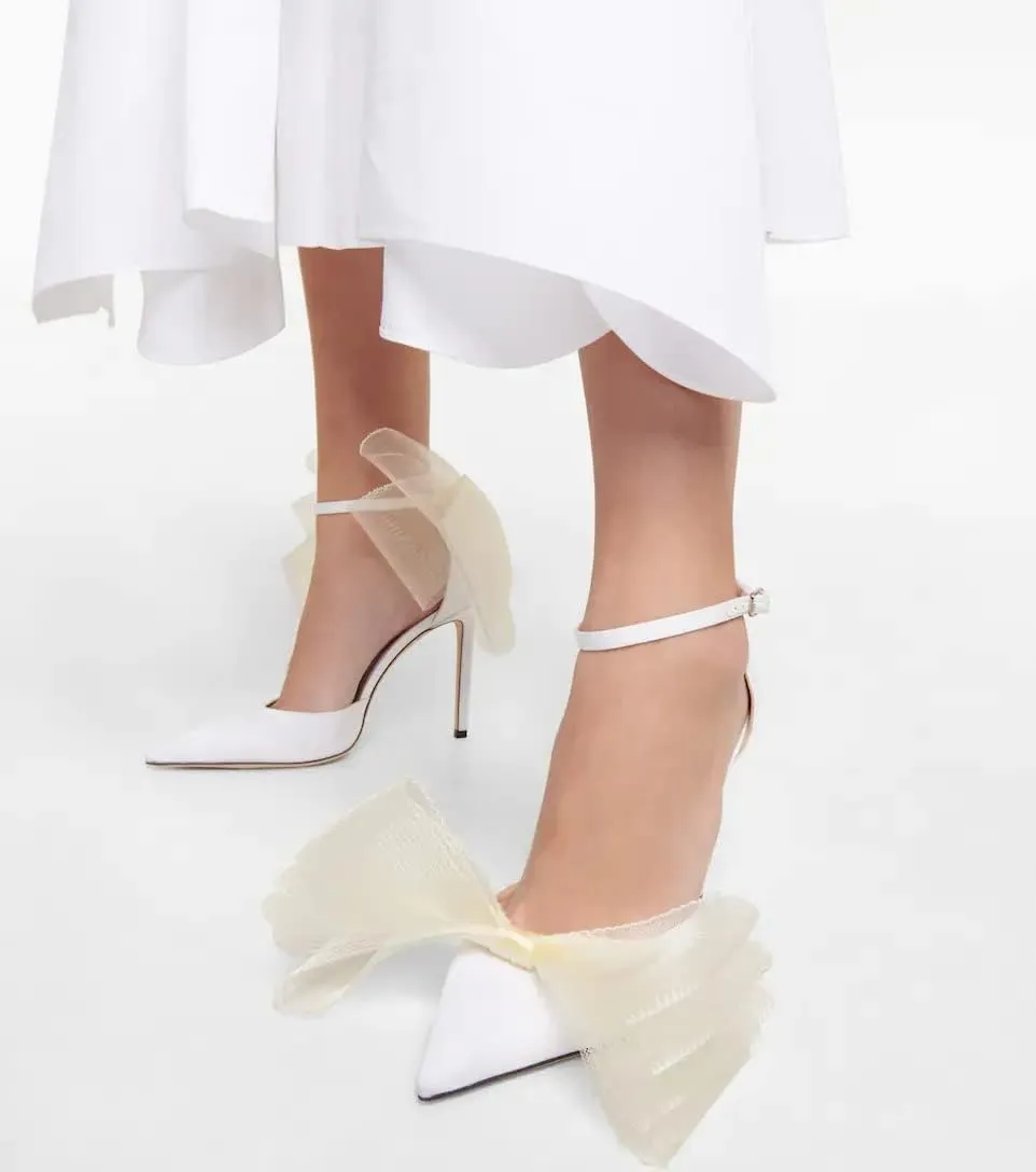 Women Stiletto High Heels Pumps with Asymmetric Grosgrain Mesh Bows Lace Ankle Strap Buckle Closed Pointed Toe Sexy Wedding Shoes Party Dressy Sandals 3.14 in