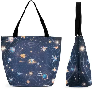 Women Tote Bags with Handles Constellations Cosmic Galaxies Shoulder Bag with Zipper Handbags Shopping Bags Travel Bag Beach Bag Reusable Grocery Bag for Swim Holiday Gift