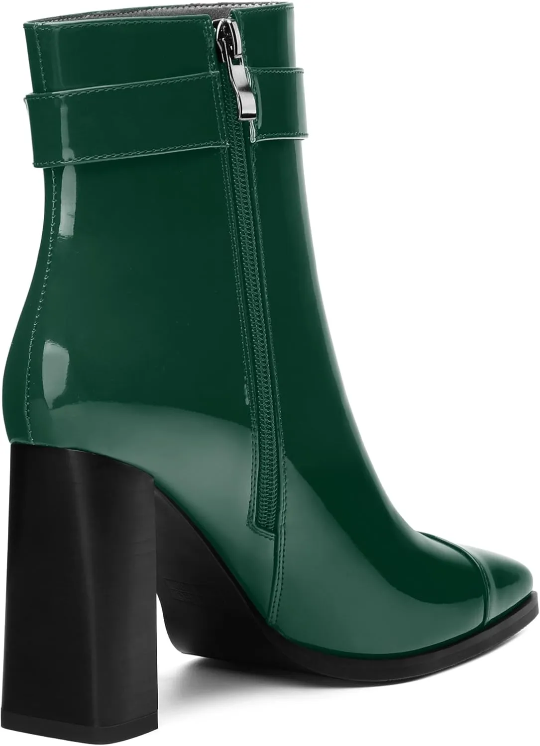 Womens Ankle Boots, Splicing Square Toe Chunky Heel Short Booties for Women, High Heel Ankle Boots with Shaft Strap and Buckle, Inside Zipper 3.5"