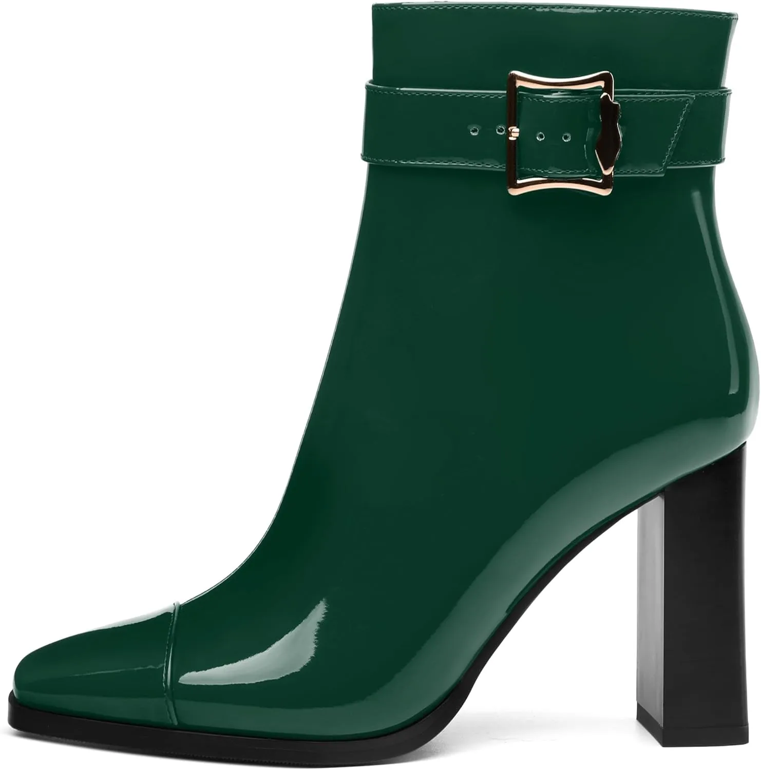 Womens Ankle Boots, Splicing Square Toe Chunky Heel Short Booties for Women, High Heel Ankle Boots with Shaft Strap and Buckle, Inside Zipper 3.5"