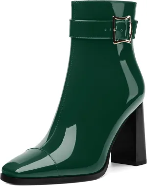 Womens Ankle Boots, Splicing Square Toe Chunky Heel Short Booties for Women, High Heel Ankle Boots with Shaft Strap and Buckle, Inside Zipper 3.5"