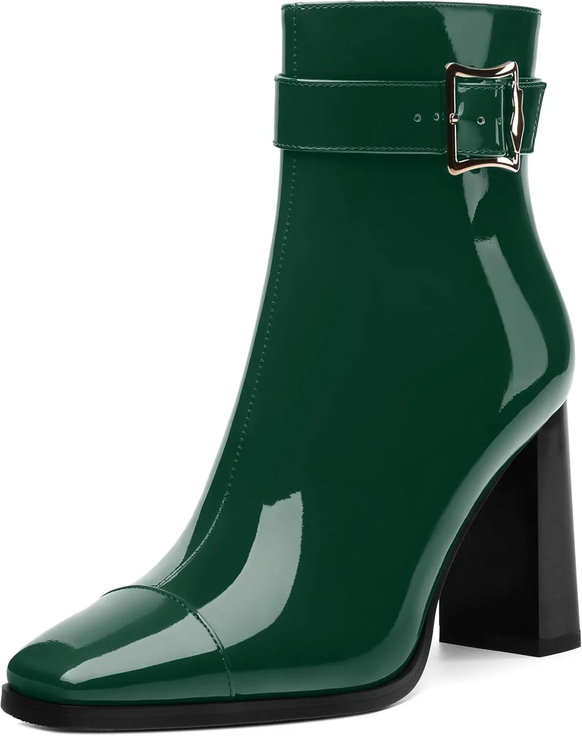 Womens Ankle Boots, Splicing Square Toe Chunky Heel Short Booties for Women, High Heel Ankle Boots with Shaft Strap and Buckle, Inside Zipper 3.5"