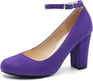 Women's Ankle Strap Pumps Closed Toe Block High Heel Round Toe Mary Jane Shoes