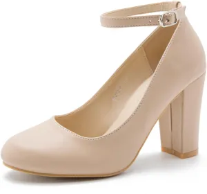 Women's Ankle Strap Pumps Closed Toe Block High Heel Round Toe Mary Jane Shoes