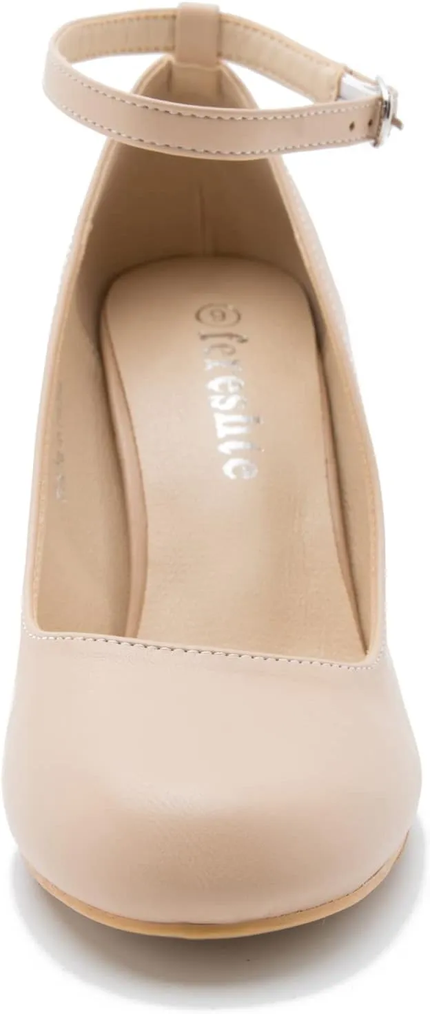 Women's Ankle Strap Pumps Closed Toe Block High Heel Round Toe Mary Jane Shoes