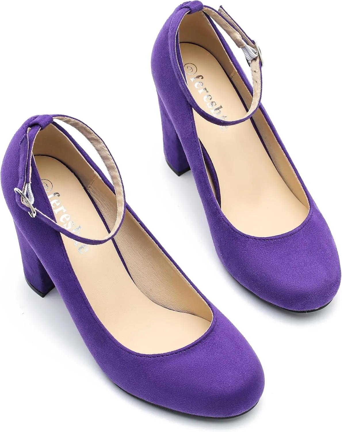 Women's Ankle Strap Pumps Closed Toe Block High Heel Round Toe Mary Jane Shoes