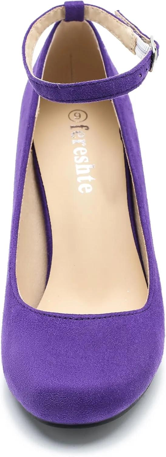 Women's Ankle Strap Pumps Closed Toe Block High Heel Round Toe Mary Jane Shoes