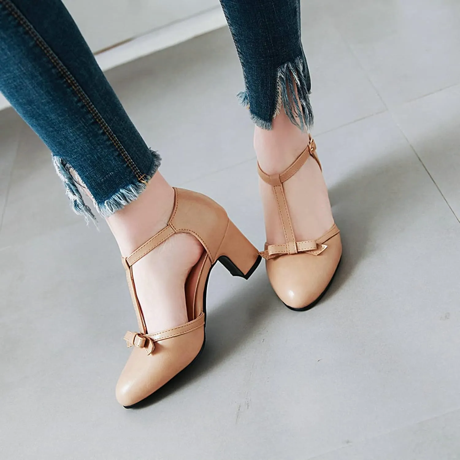 Womens Ankle T-Strap Pumps Bowknot Closed Toe Sandals Buckle Comfy Casual Block Mid Heel Dress Shoes